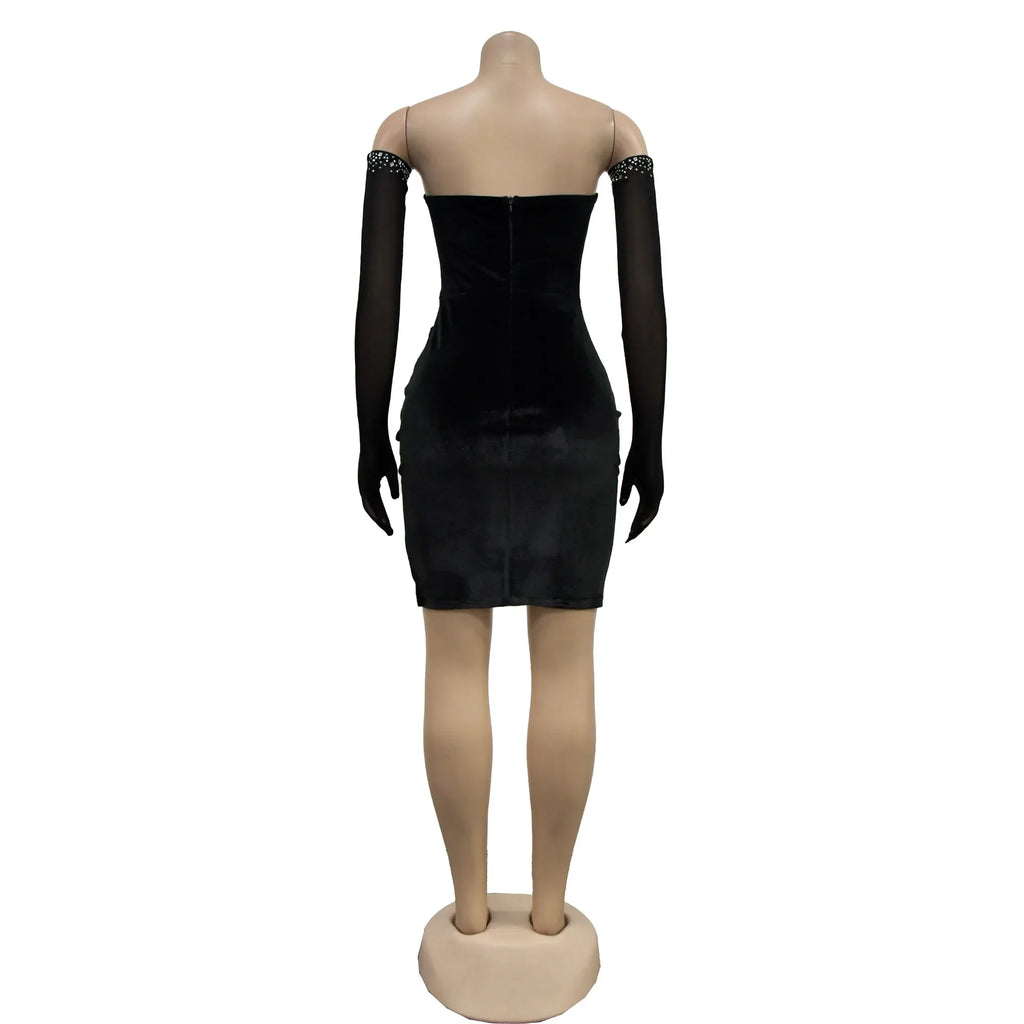 Women Diamonds Hot Rhinestones Velvet Ruched Side Split Bodycon Midi Dress with Cuff 2026 Sexy Party Dresses Vestidos