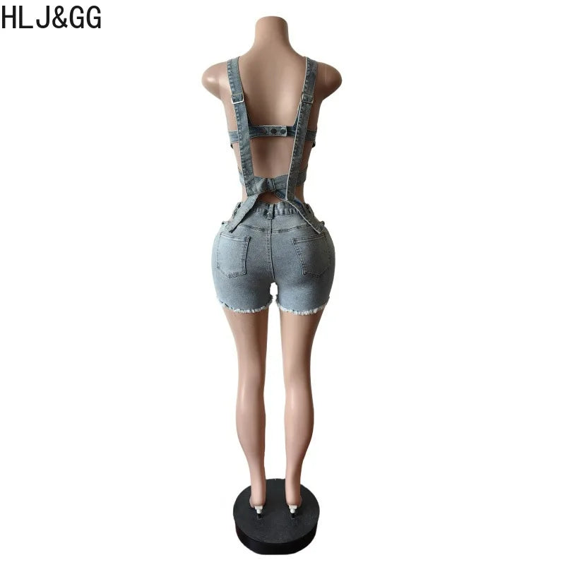 HLJ&GG Blue Denim Fashion Hollow Out Shorts Two Piece Sets Women Sleeveless Backless Bandage  Crop Top And Shorts Cowboy Outfits