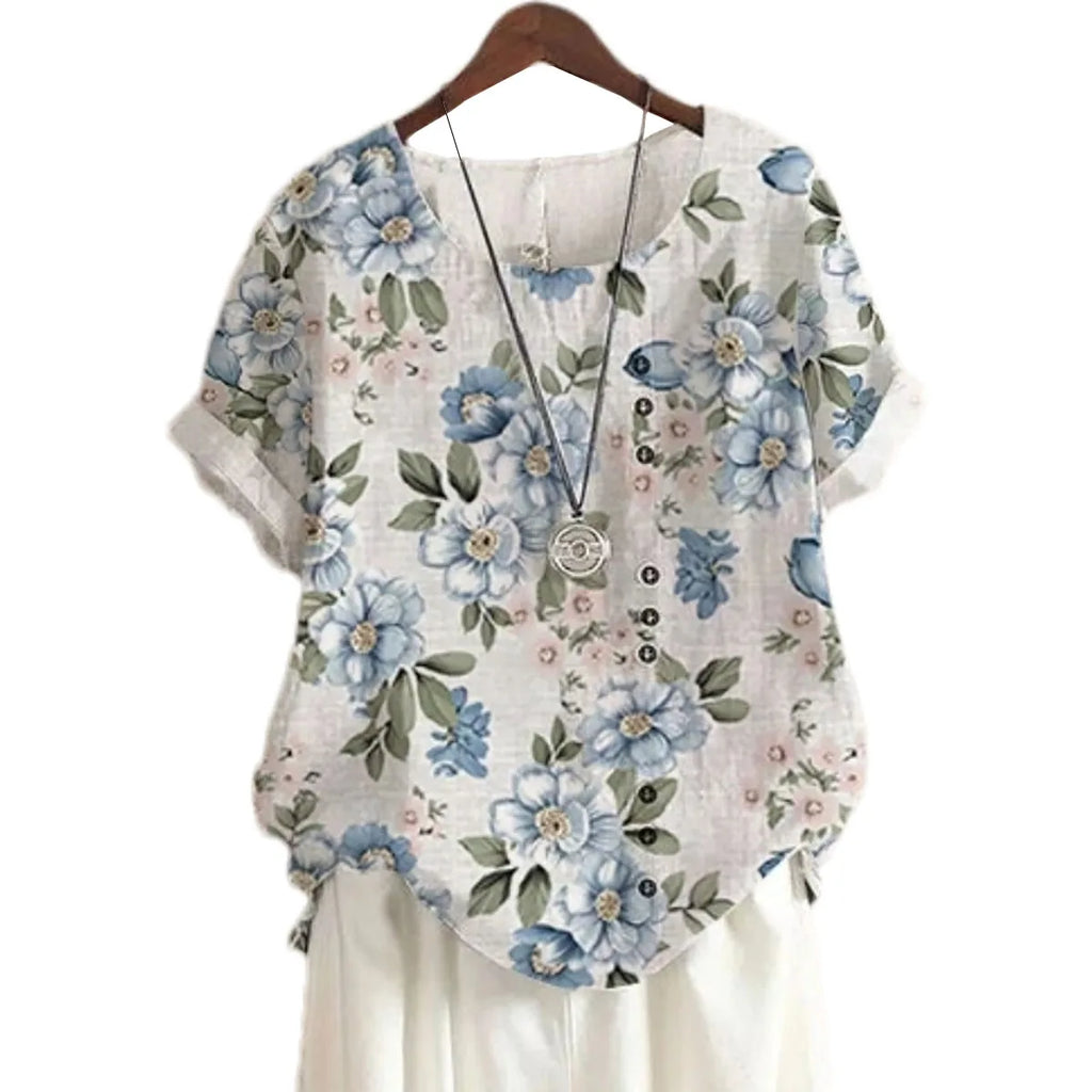 2025 Summer retro fashion printed loose casual shirt top, suitable for casual or vacation ladies' beachwear