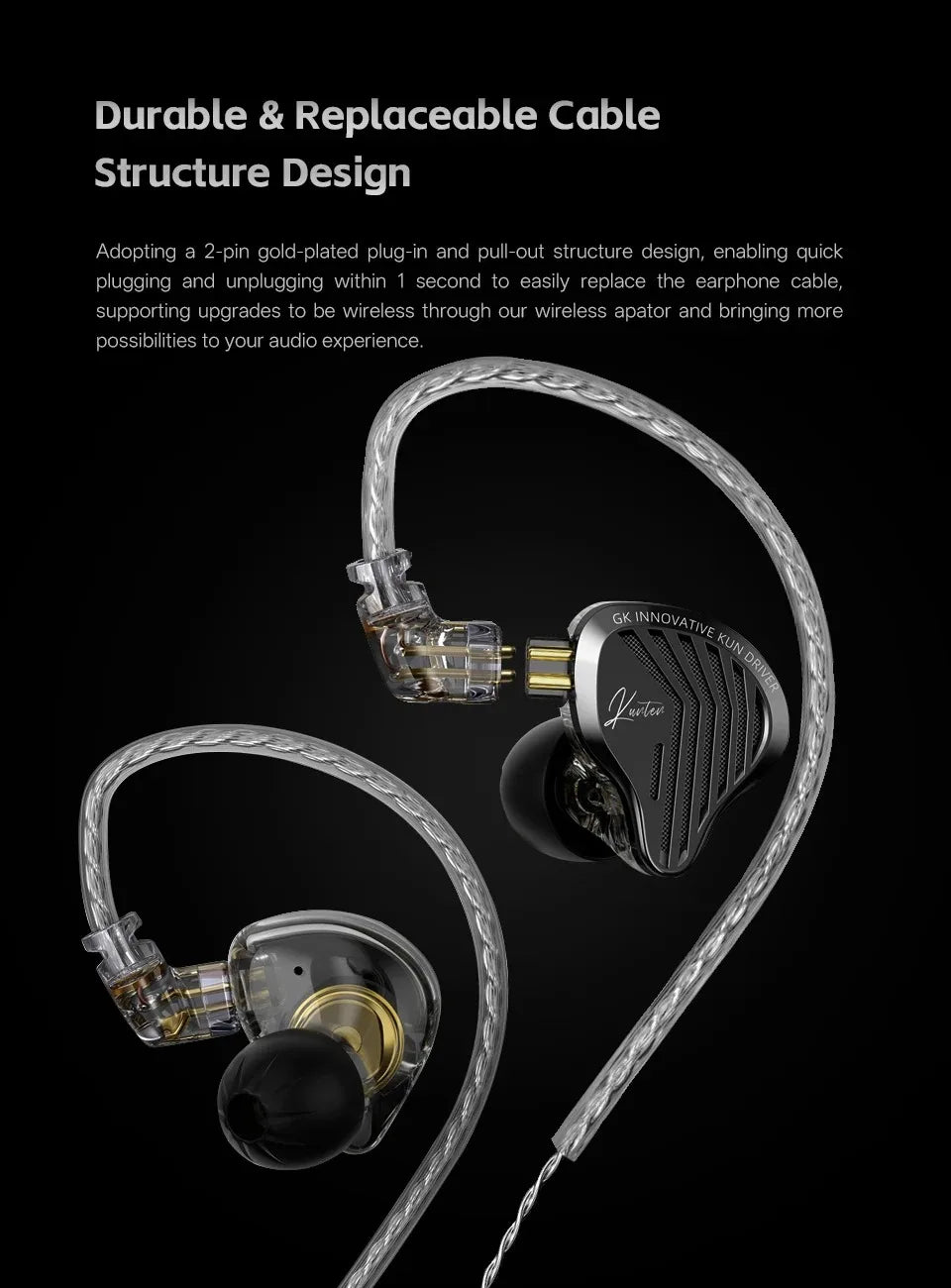 Gk Kunten 1DD Dynamic Drive Earphone Hifi IEMs In Ear Earbuds 2pin Detachable Cable Metal Gamer Headset