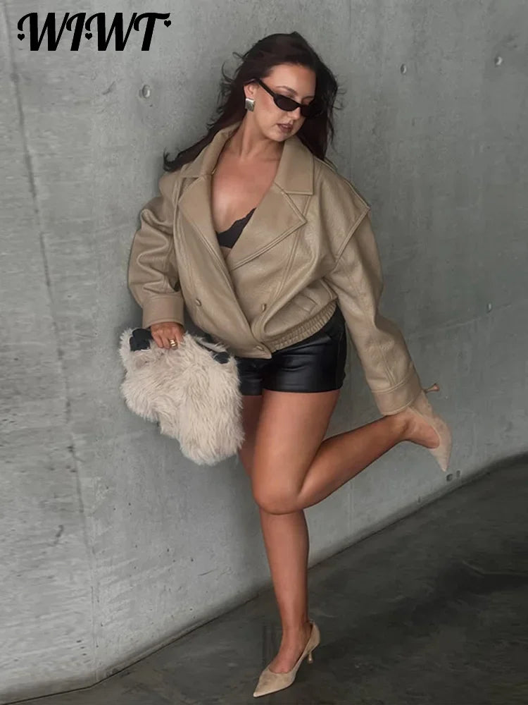 High Street Leather Jackets Women's Casual Double-breasted Turn Down Collar Loose Coats Elastic Waist 2026 Autumn New Outwear
