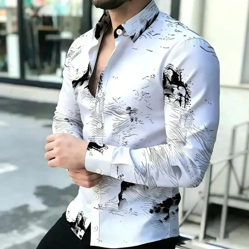 Men Long Sleeve Button Down Shirt Vintage Art Pattern Print Casual Daily Festival Outfit For