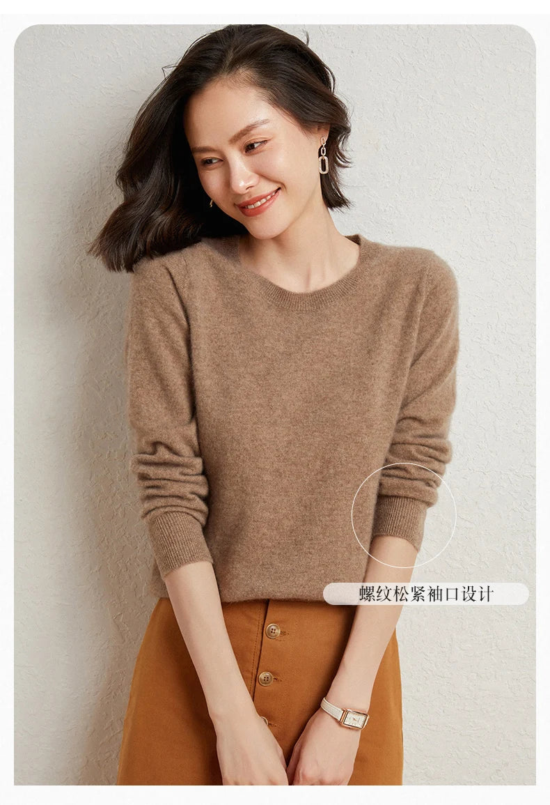 100%Merino Pure Wool Pullover Sweater For AutumnWinter Women's Round Neck Warm High-Quality Solid Color Basic Knitted Jumper Top