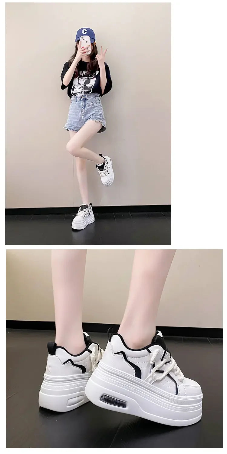 Fashion Platform Sneakers Women Spring Autumn Comfort Round Toe Lace-up 8CM Thick Bottom Black White Casual Sport Shoes