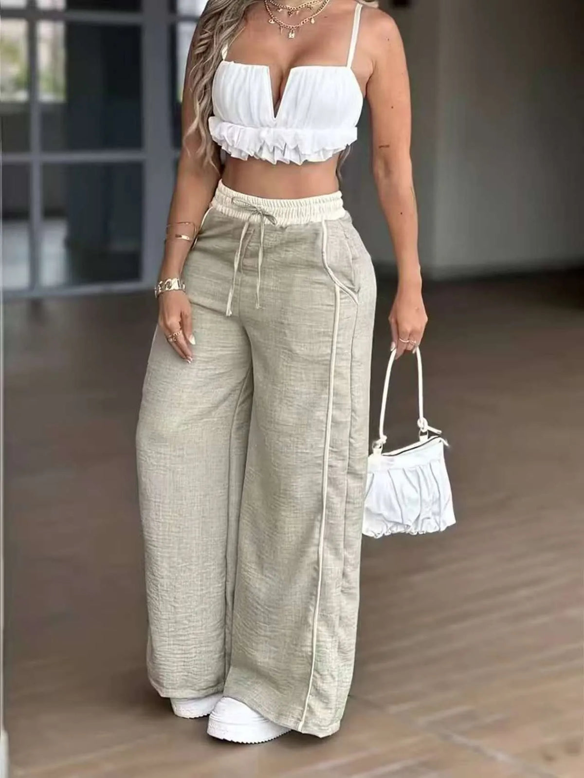 Beige High Waist Pants Full Length Drawstring Waist Trousers Side Stripe Pocket Detail Wide Leg Pants Solid Color Black Pants