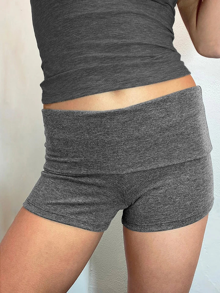 Summer Slim Yoga Shorts Women Casual Solid Color Fold Over Low Waist Lounge Shorts