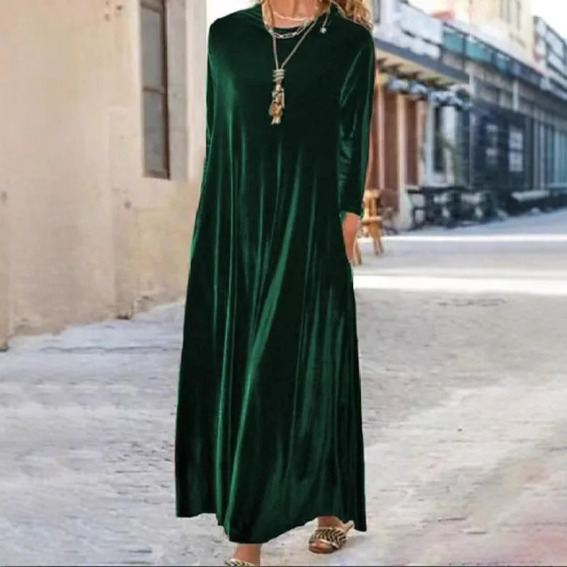 2025 Elegant Long Sleeve Velvet Dress Autumn Spring New Style Puffy Collar Slimming Tummy Covering Mid-Length Sleev Dress