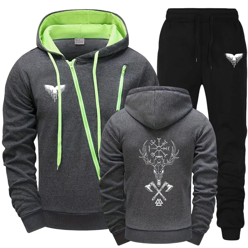 Mens Casual Riding Set 2025 Diagonal Zipper Hoodie with Joggers Urban Streetwear Tracksuit Autumn Winter