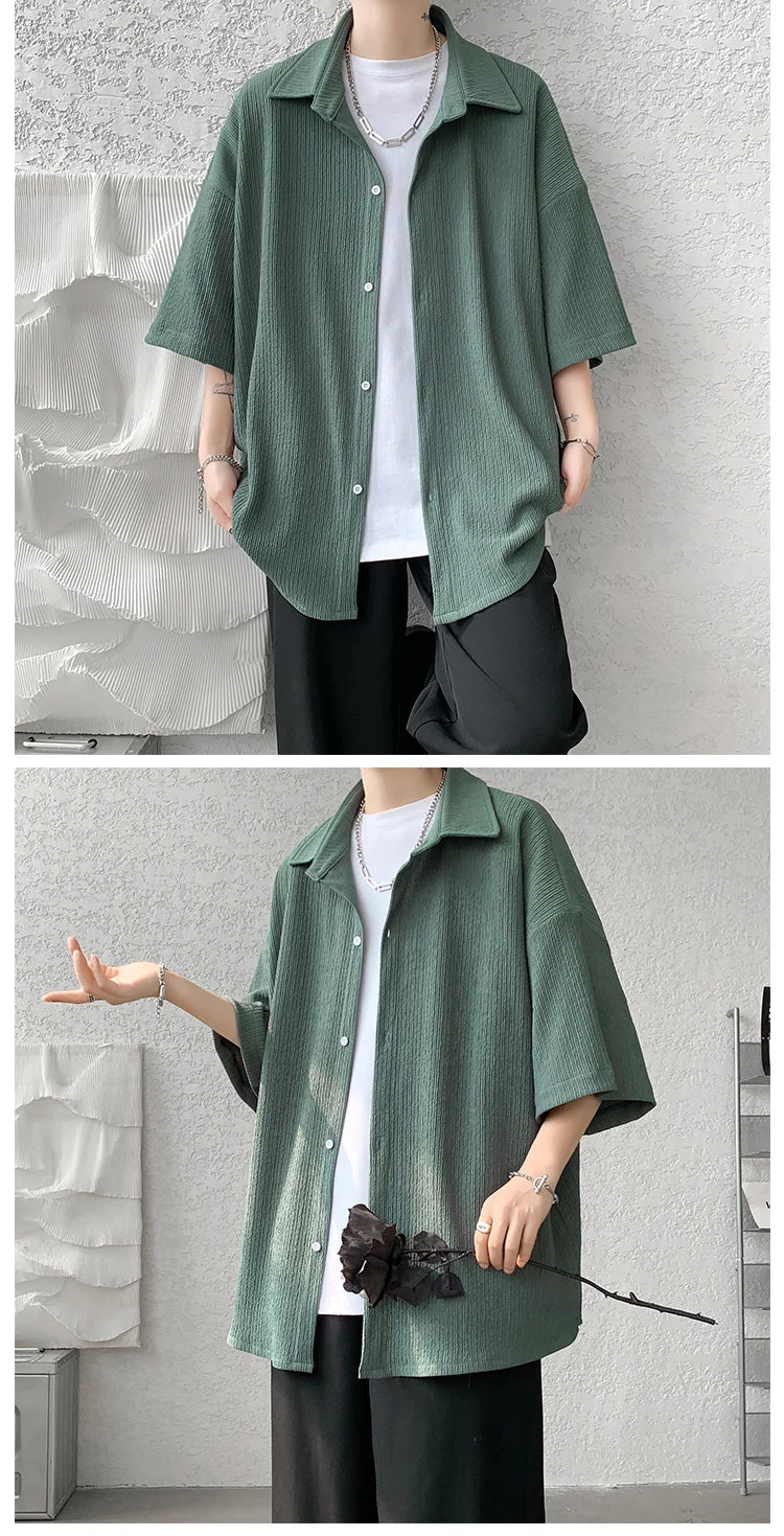 LEGIBLE Spring Summer Solid Shirts Men Casual Oversized Three Quarter Shirts Male Loose Fit Shirt for Man