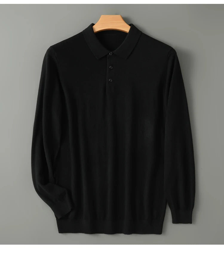 Men's Worsted Wool Kknit Pullover, Business Casual Polo Neck Sweater, Monochromatic Loose Top, Autumn and Winter Fashion, New