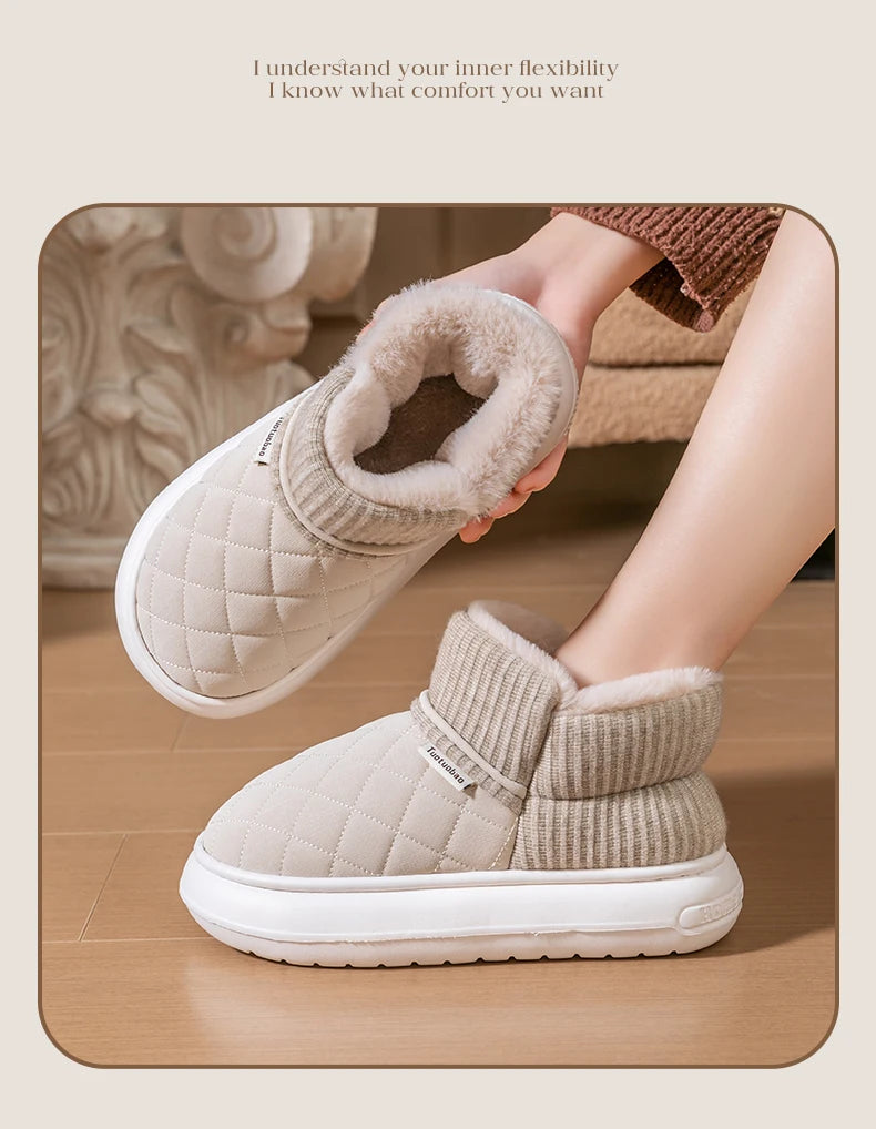Winter Warm Snow Boots Unisex Thick Platform 4.0CM Quilted Plush Lined Non-Slip Indoor Outdoor Casual Cotton Shoes