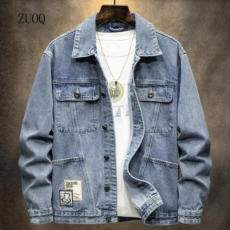 American Stylish blue/black Vintage Denim Jacket for Man Loose-fitting Workwear Jacket Men's Autumn-winter Top