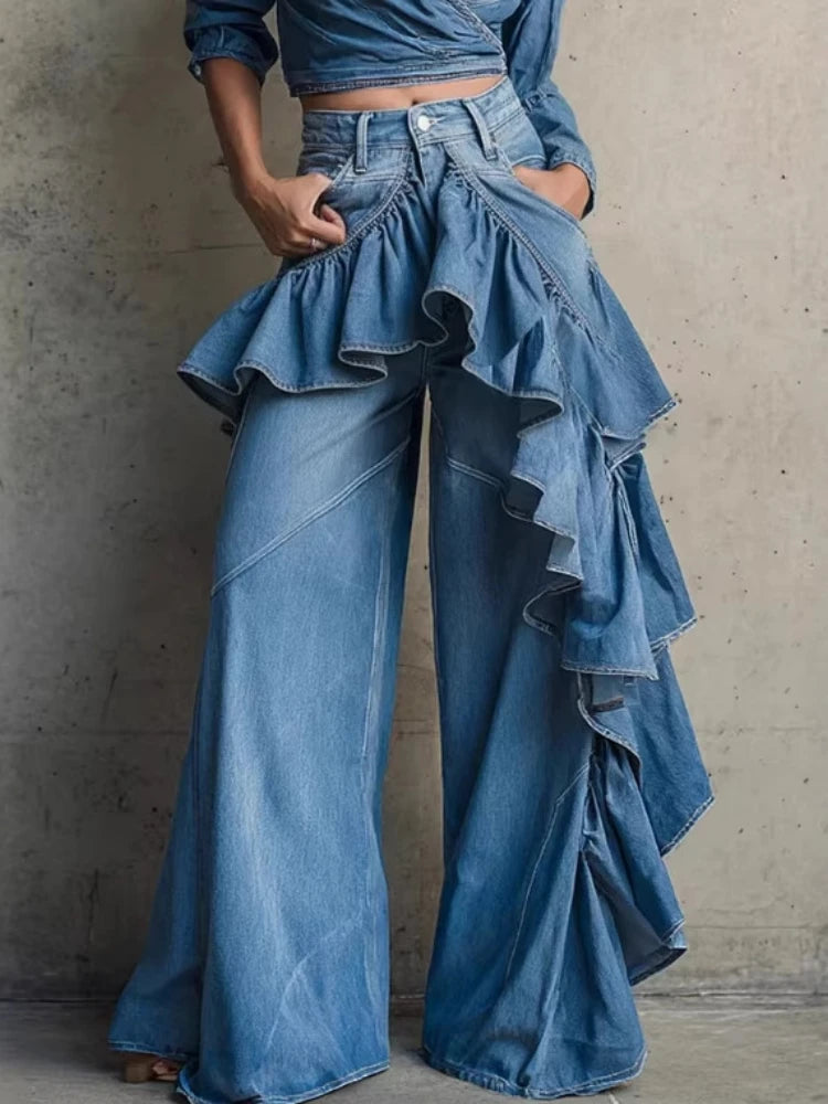 Blue Womens Jeans High Waist Vintage Design Hip Hop Straight Baggy Denim Pants Street Y2K American Style Wide Leg Denim Trouser