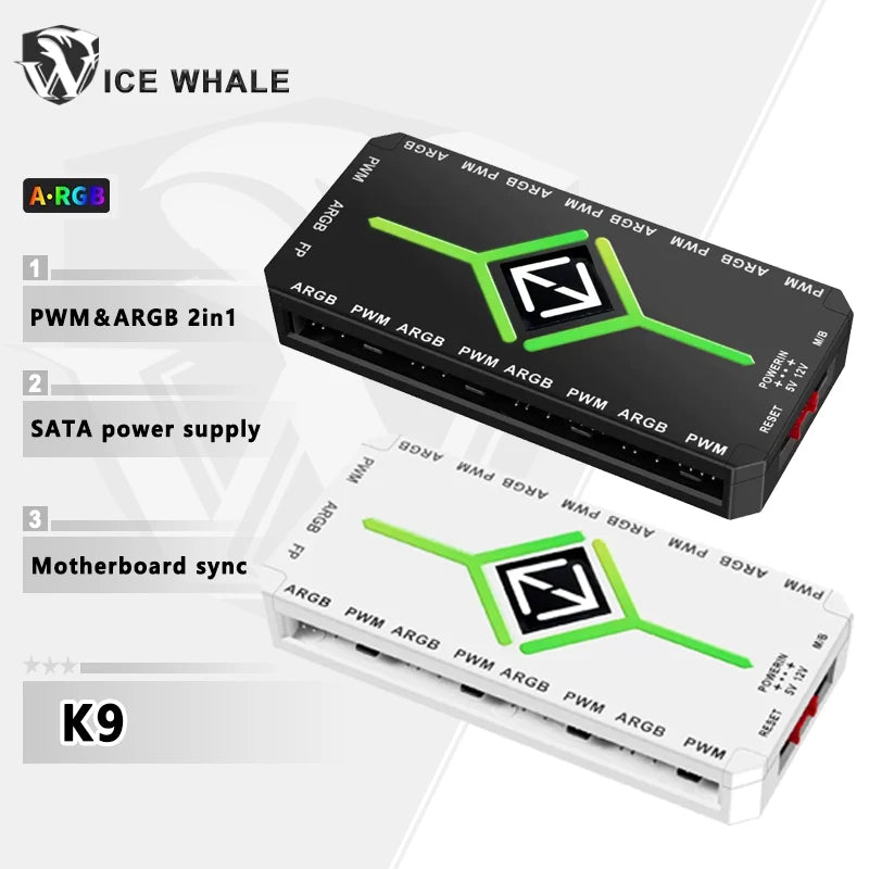 ICE Whale K9 1 to 9 PWM&ARGB Case Fan Hub SATA Power Interface Splitter 4Pin PWM 3Pin Addressable ARGB With Remote Control