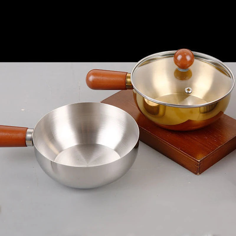 1Pc Stainless Steel Cooking Pot With Wooden Handle Compact Small Noodle Pot For Baby Food Milk Snacks Kitchen Gadgets
