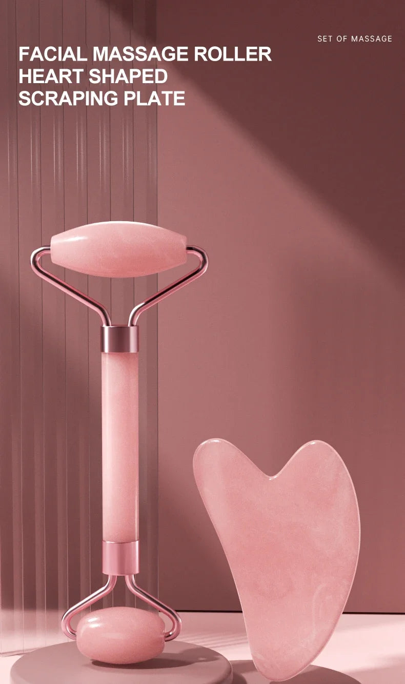 Dual Size Facial Massage Kit Double End Roller Heart Shape Gua Sha Board Skin Lifting Puffiness Reducing Home Spa Beauty Tool