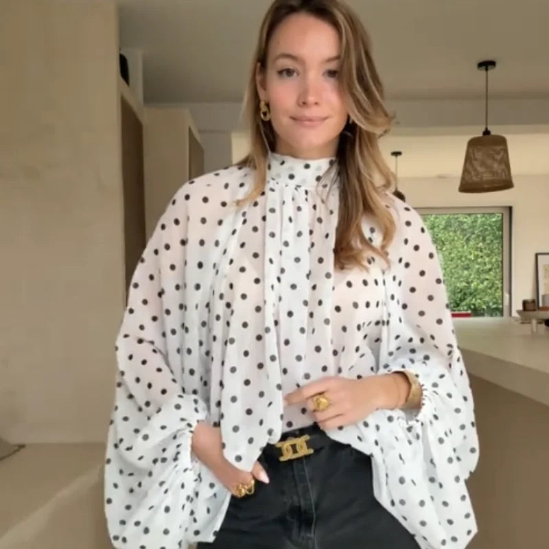  Women High Neck Puff Sleeve Blouse Light Blue Polka Dot Loose Fit Casual Top Stylish Girl Summer Date Commuter Casual Clothes