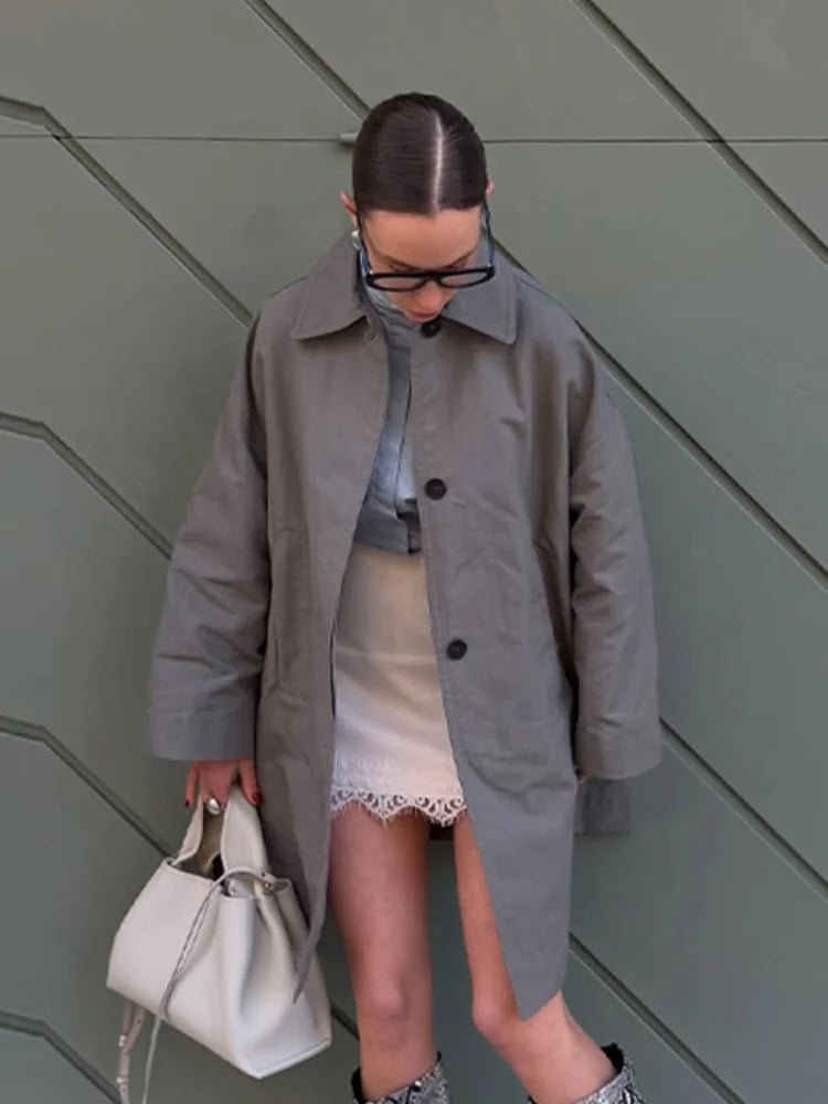 Street Women's Solid Grayish Green Trench Coat Lapel Single Breasted Full Sleeve Pocket Jackets 2026 Autumn Lady Loose Outwear