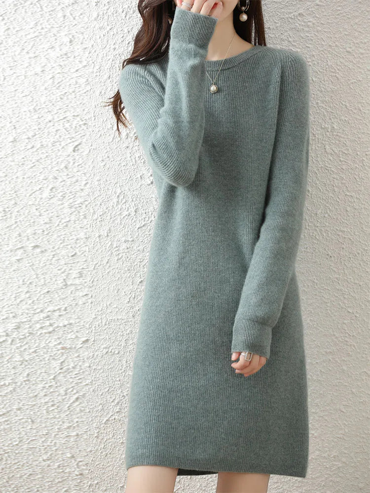 Knit Dresses for Women's Fashion Sweater 100% Merino Wool Winter Ladies O-Neck Warm Knitted Dress Fall Female Casual Black Skirt