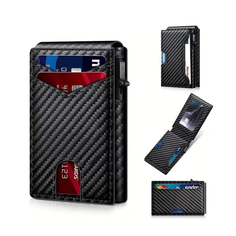Men Carbon Fiber RFID Pop‑Up Credit Card Holder Magnetic Closure Slim Wallet With ID Window External Card Pocket