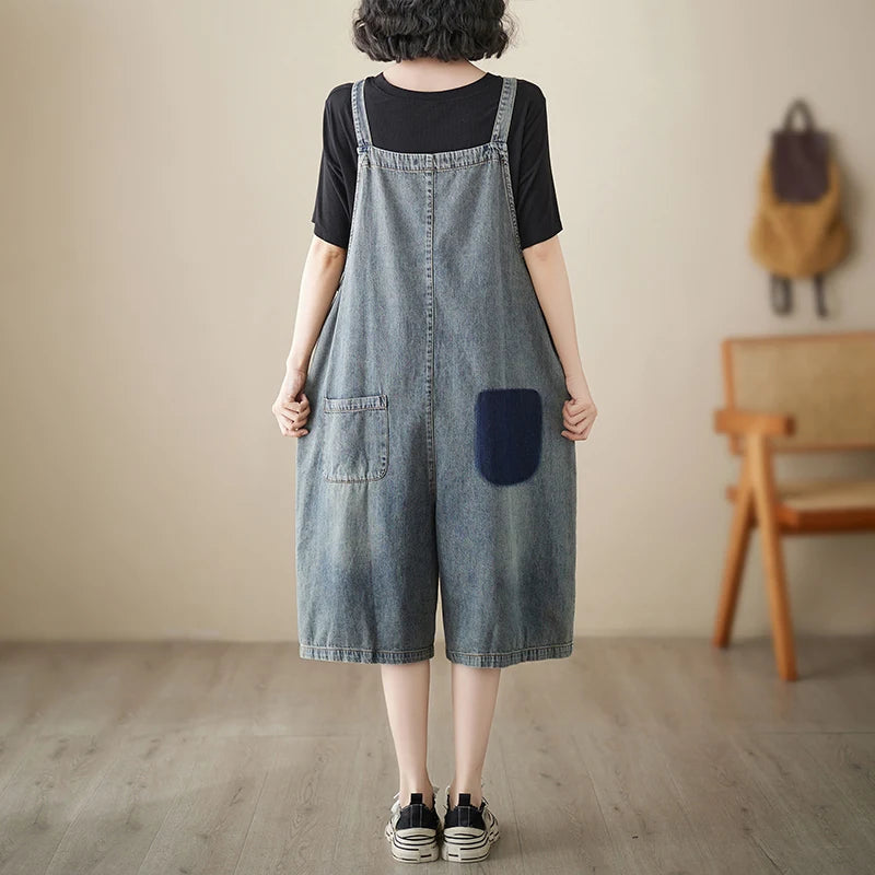 plus Size Denim Overalls Women's Summer New Sle High Waist ort Jeans Straight Leg Color Blo Five-Quarter Pants