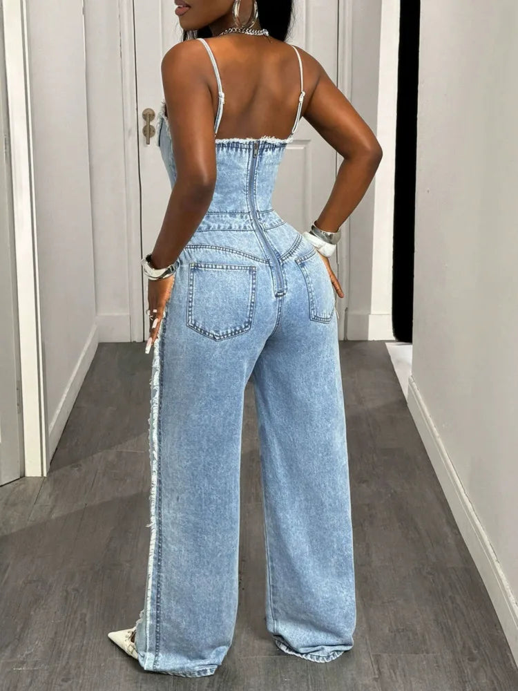SHENGPALAE Women Denim Jumpsuit Spaghetti Strap Wide Leg Ripped Frayed Pocket Street Washed Autumn 2026 New 05E03276