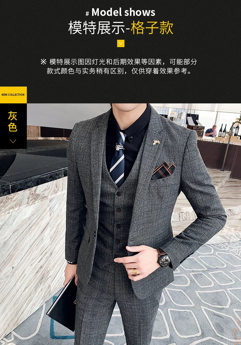 S-7XL ( Blazer + Vest + Pants ) Striped Plaid Solid Color Mens Formal Business Suit 3Pcs Set Groom Wedding Social Show Dress