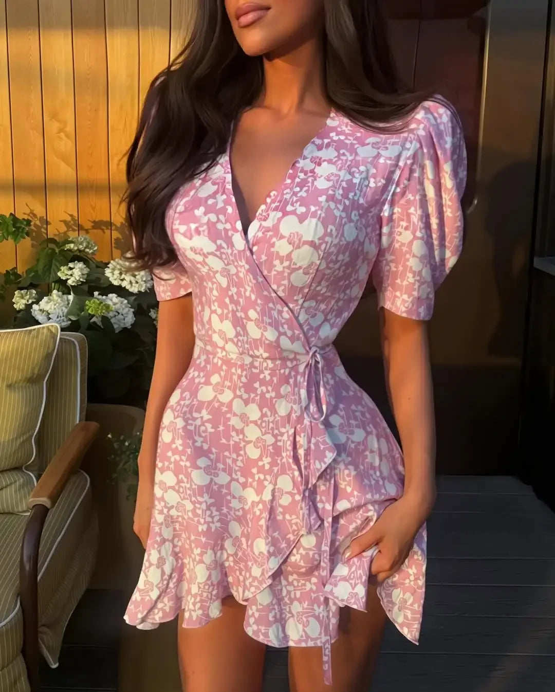 Elegant Printed Lace Up Dress Women V-neck Puff Short Sleeve Waist-cinching Mini Dresses Lady Daily Street Gowns 2026 Summer