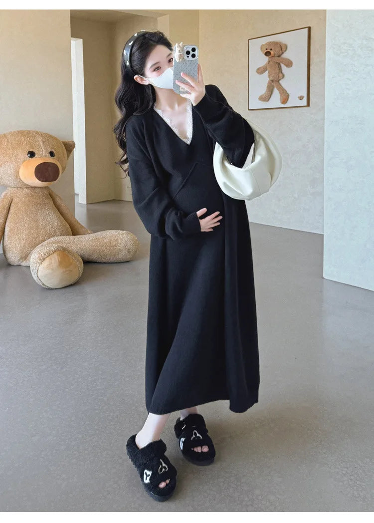 Maternity Suit  Autumn High-End Lazy Style Versatile Long Coat And Lace Paneled V Neck Straight Tank Dress Two Piece Set