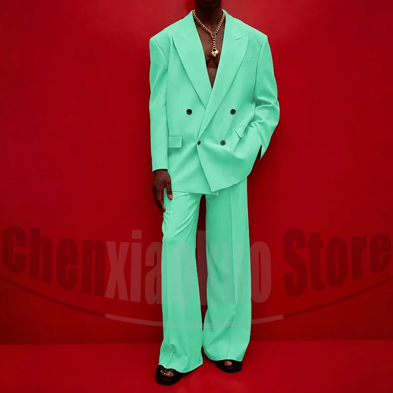 Men's Double Breasted Suit Set Oversized Blazer and Wide-Leg Trousers Fashion Casual Formal Outfits for Streetwear Party