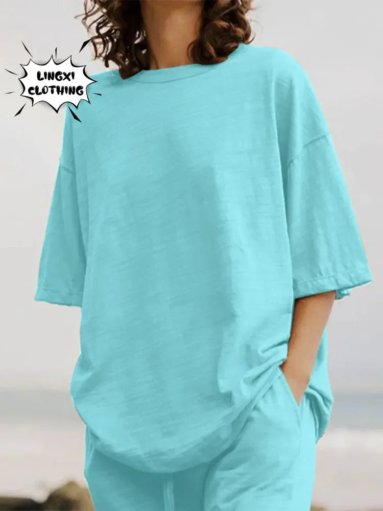 Fashion Women's 2-piece Set 2024 Summer Casual Pocket Set Half Sleeve O-Neck Top and Wide Leg Large Outline Pants Set