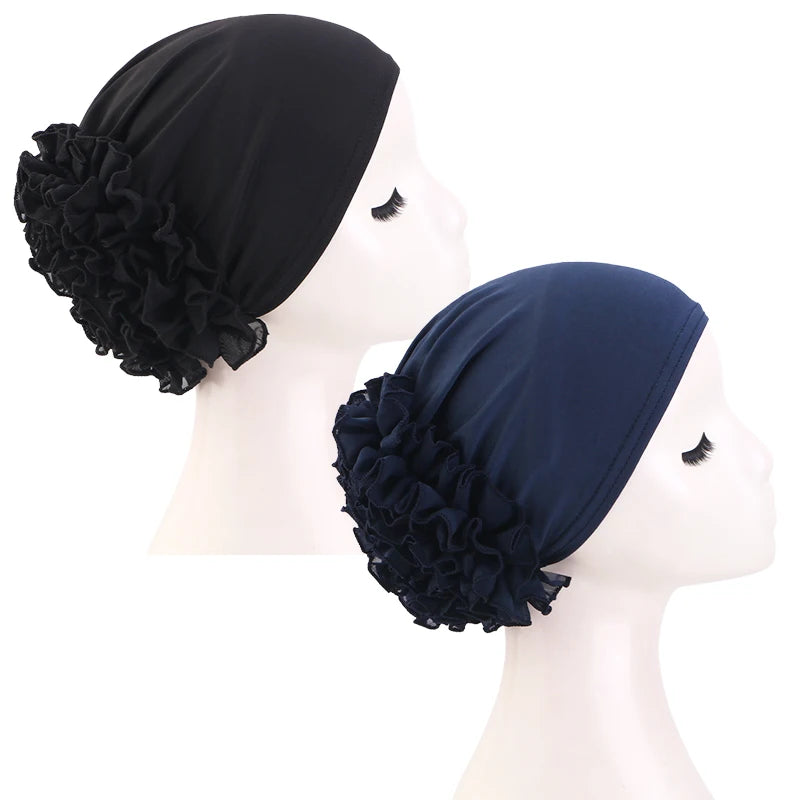 New breathable chiffon hat with large flowers Solid color thin bottom cap Islamic Head Wrap Women's elastic anti hair loss hat