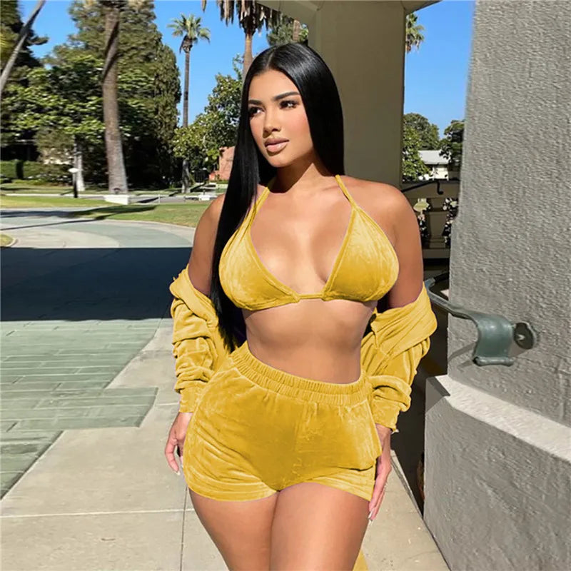 Velvet Tracksuit 3 Piece Set Women Fall Outfits Zipper Hoodies Jacket + Bra + Shorts Sets Sporty Matching Sets Jogging Femme