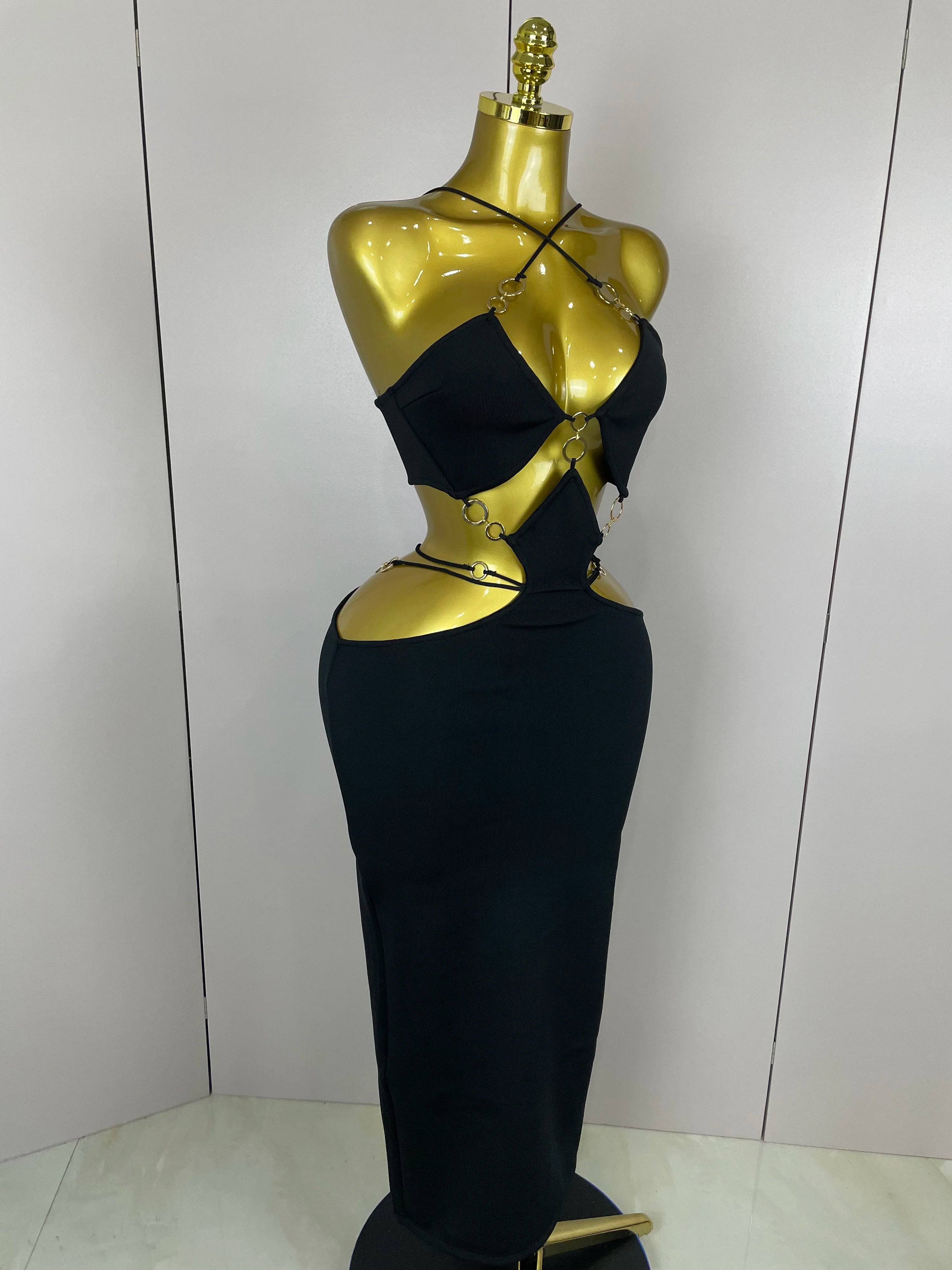 Sexy Halter Hollow Out  Sleeveless Black Red Bodycon Long Bandage Dress 2025 Women Celebate Elegant Luxury Birthday Club Dress