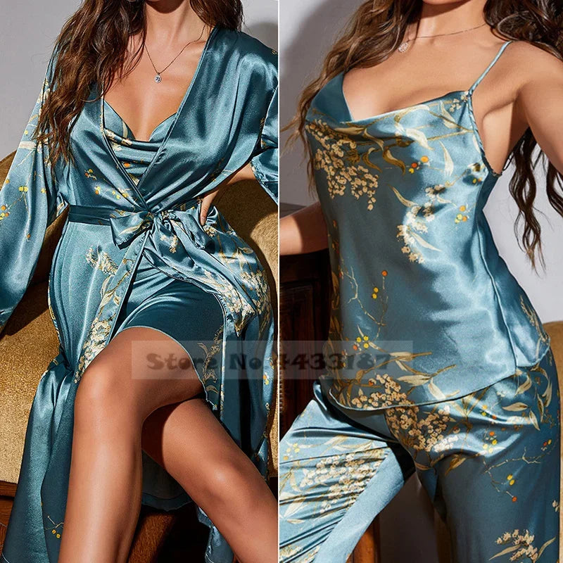 Women 4PCS Pajamas Kimono Bathrobe Nightgown Print Cherry Flower Trouser Suit Sleepwear Loose Satin Home Wear Pyjama Pour Femme