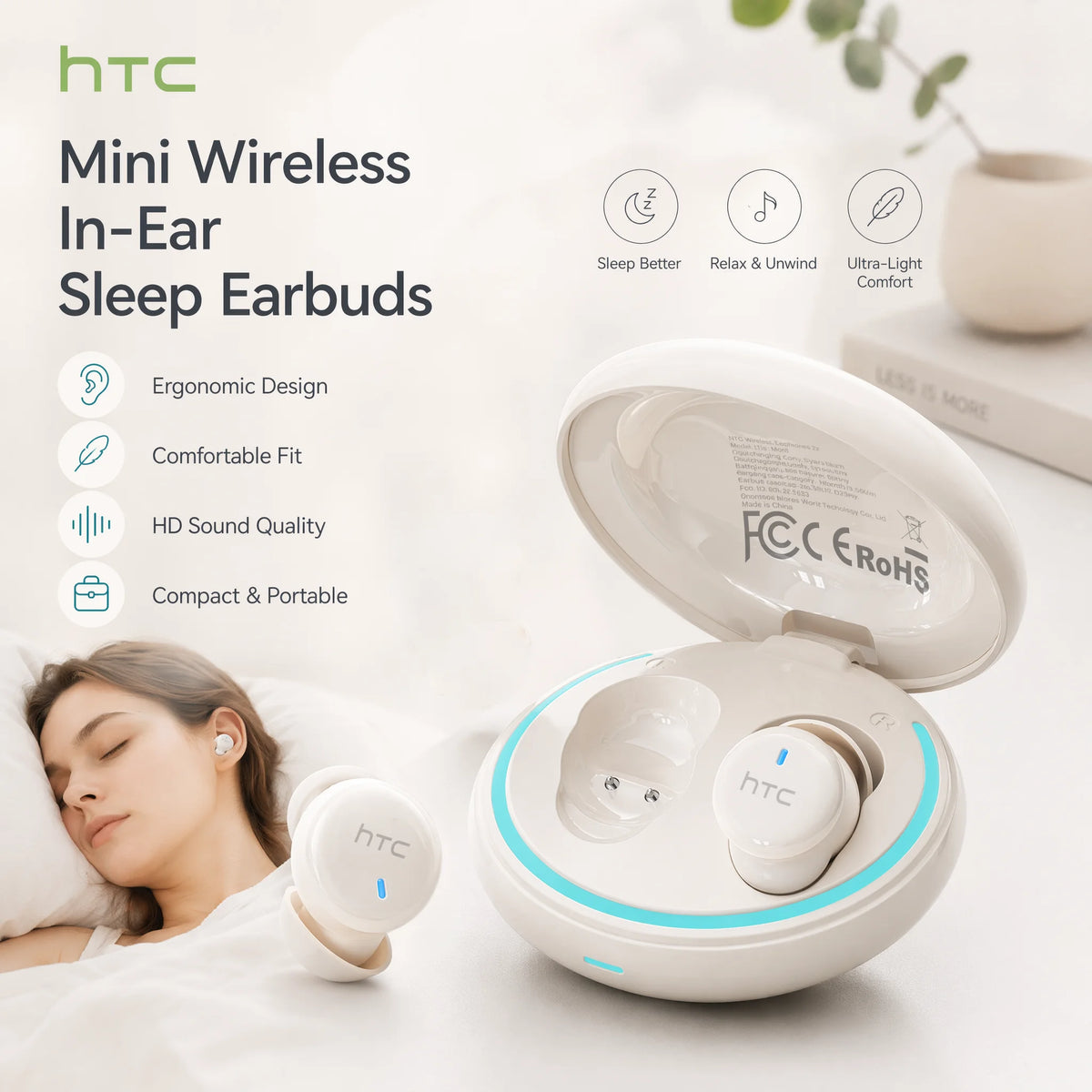 HTC NE92 Sleeping Mini Bluetooth Earphones TWS Wireless Headphones With Mic Noise Reduction Soft In-Ear Earbuds