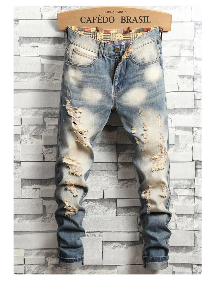 Distressed Ripped Jeans Men's Retro Blue Fashion Slim Motorcycle Trousers Male Hip-hop Street Male Hole Denim Pants