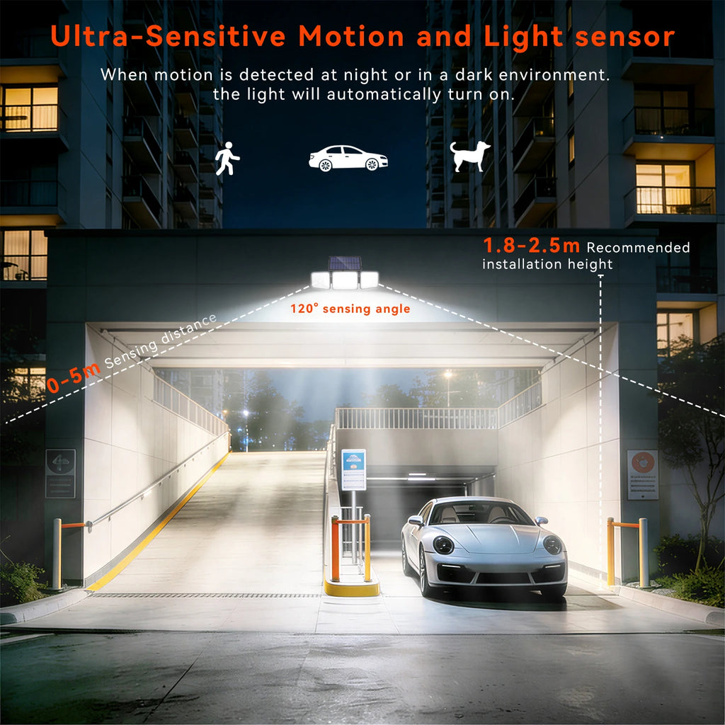1/2PCS 164LED Motion Sensor Outdoor Street Lights, Solar Lights IP65 Waterproof, 3 Heads Security Flood Lamp, 3 Mode, for Patio