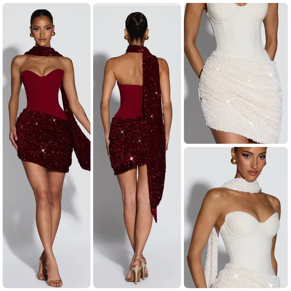 Halter Sparkly Sequin Bodycon Dress Fitted Midi Evening Gown Party Clubwear Jumpsuit Playsuit