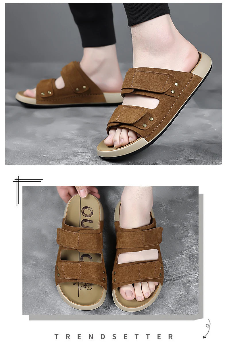 2026 Mens Sandals Slip On Leather Casual Couple Shoes For Men Soft Comfortable Mens Summer Shoes Handmade Men Outdoor Slippers