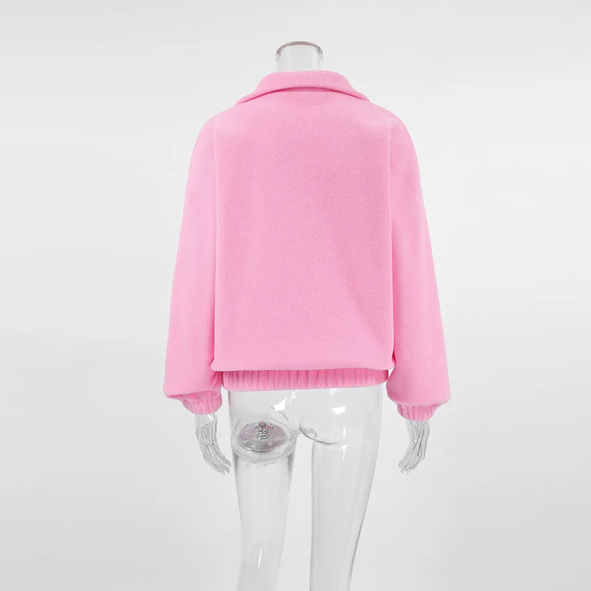 Women Autumn Winter Fleece Hoodies Elegant Stand Collar Zipper Loose Sweatshirt Elegant Solid Pullover Casual Top Streetwear