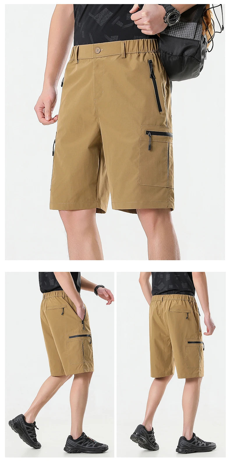 Mens Cargo Shorts Knee Pants Zipper Pocket Summer Quick Dry Shorts Climbing Jogger Elastic Waist Sports Wear