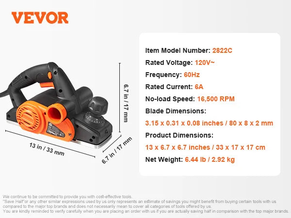 VEVOR Electric Hand Planer 3-1/4" width 16500 RPM High-Speed Powerful Electric Corded Handheld Planers for DIY Woodworking Tool