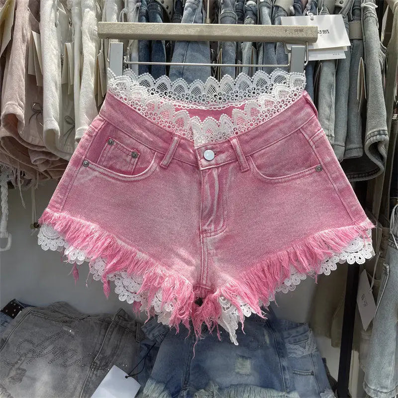 Light Blue Denim Shorts For Women High Waisted Raw Hem Lace Patchwork Petite Shorts Summer Casual Slim Fit Hot Pants