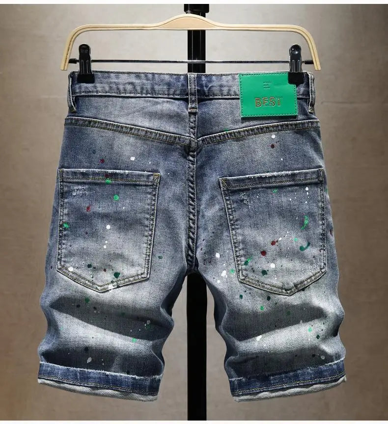 Washed Ripped Denim Men's Trendy Brand Spray Paint Medium Summer Thin Elastic Patch Bermuda Short Pants Men's Jeans Shorts