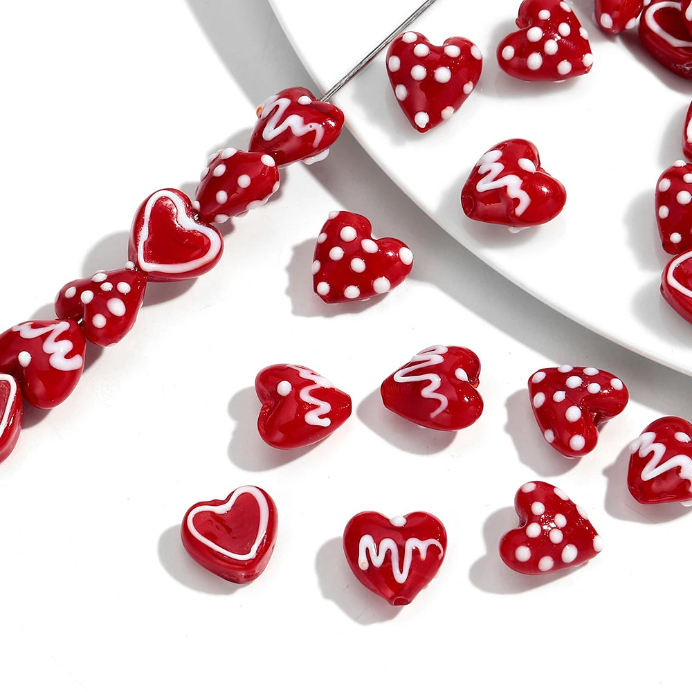5Pcs Red Heart Lampwork Glass Beads Charm Dot Love Peach Loose Bead for DIY Craft Jewelry Making Necklace Bracelet Accessories