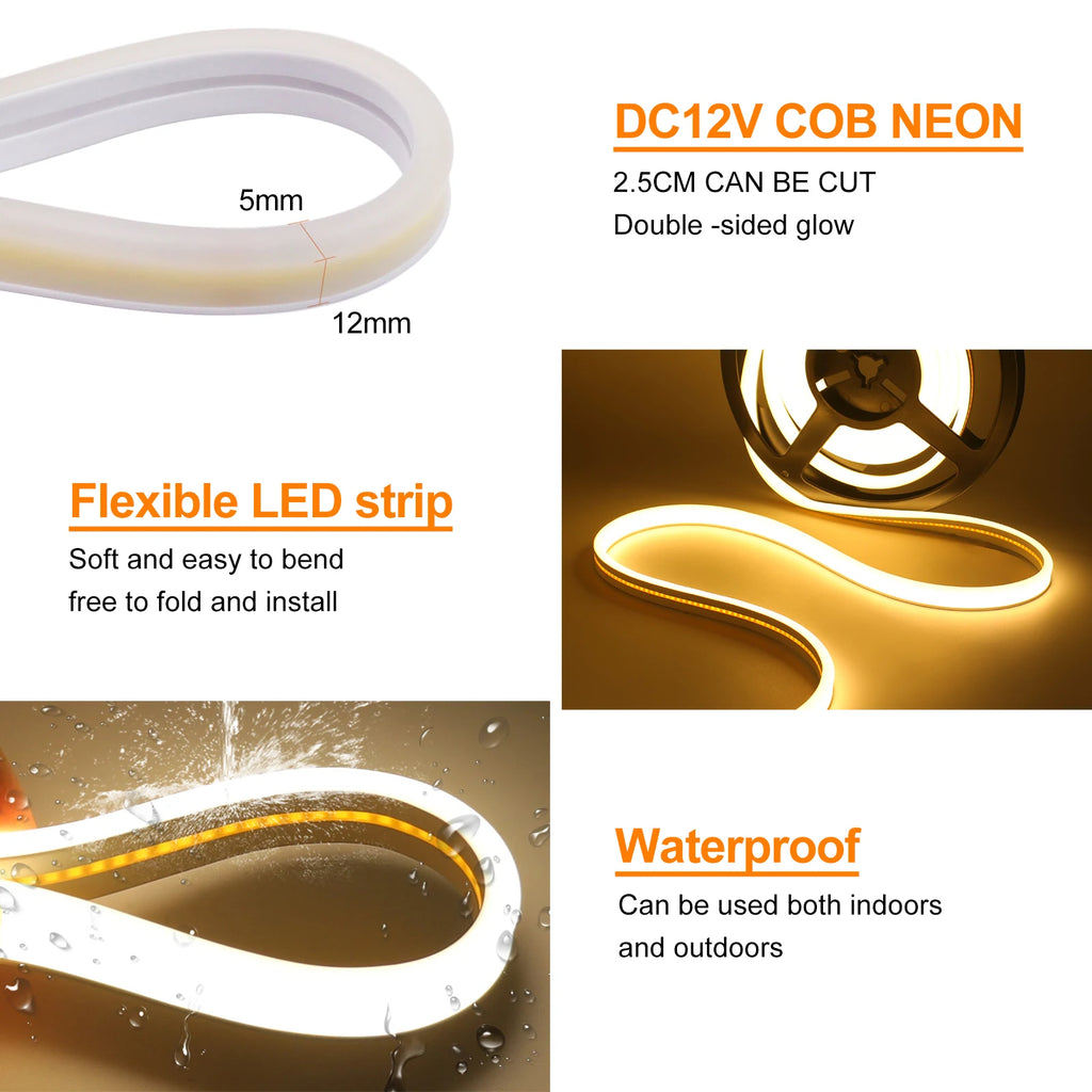 IP67 Waterproof High Brighter COB Neon Strip 12V 24V 320Leds 3000K 4000K 6000K Home Garden Decor Flexible Ribbon Rope LED Light