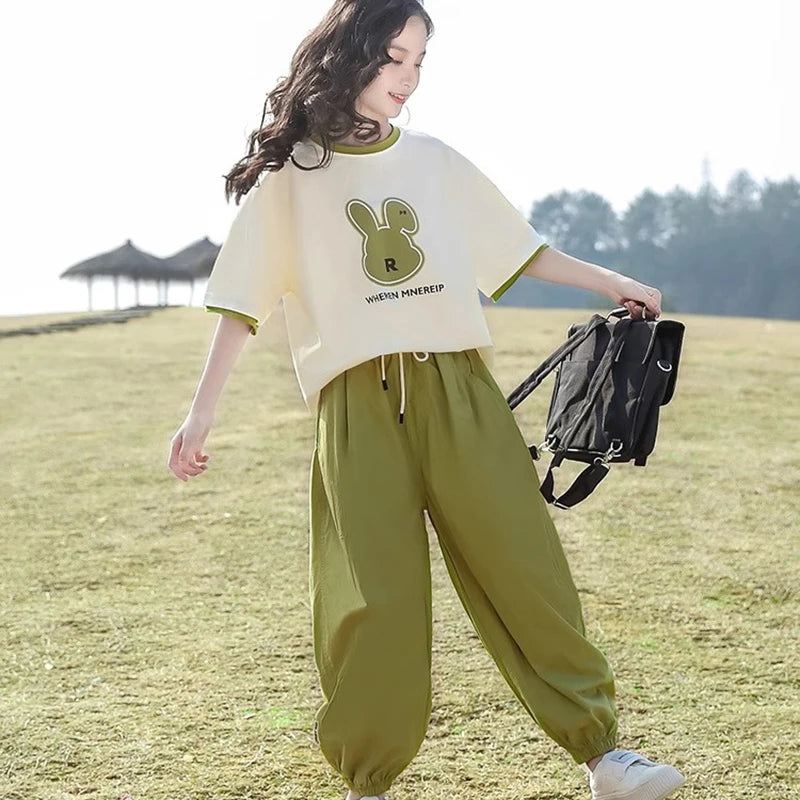 5 6 8 10 12 14 Years Summer Girls Clothing Sets Cute Rabbit Tops + Pants 2Pcs Outfits Kids Tracksuit Teenagers New Kids Clothes