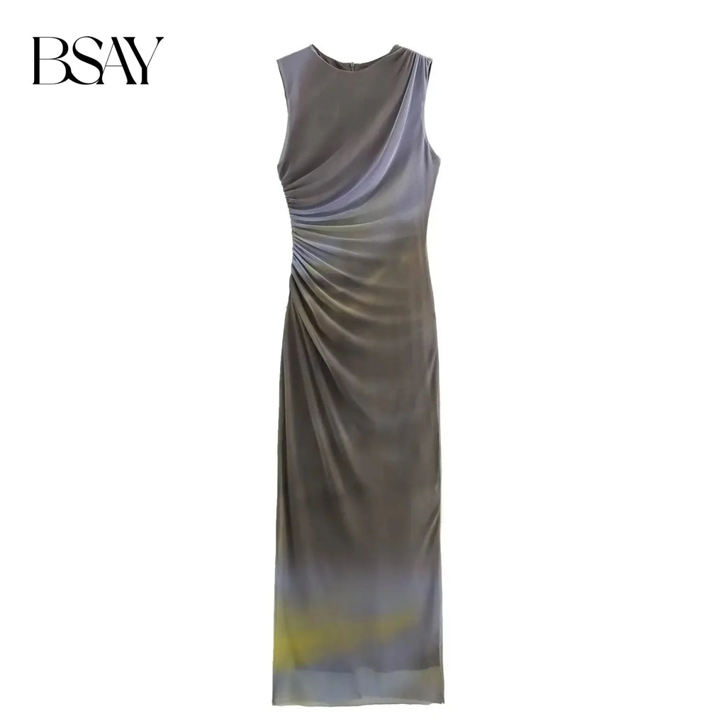 BSAY Women Fashion Summer New White Pleated Back Zip Sleeveless Crewneck Vest Long Dress Chic Female Elegant Evening
