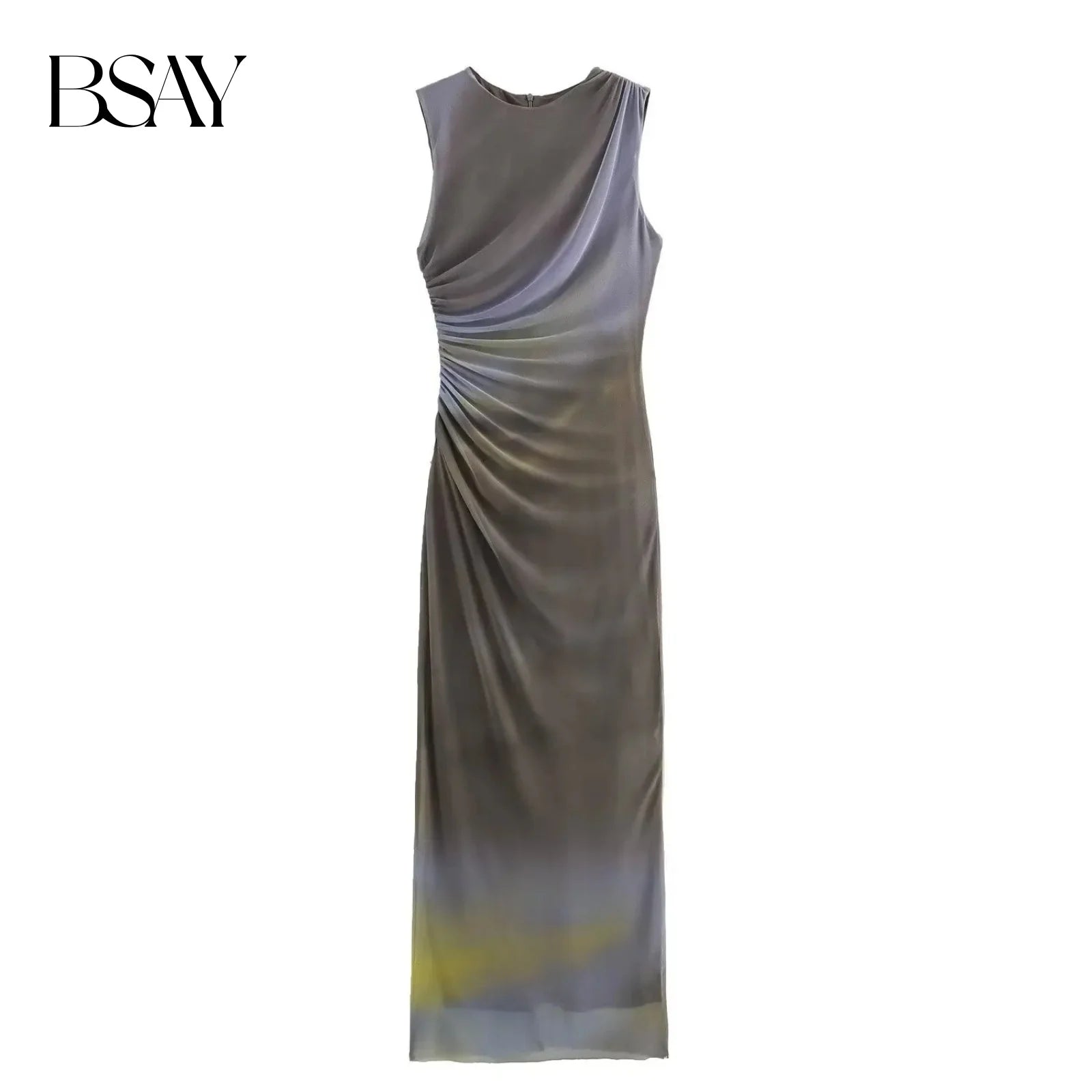BSAY Women Fashion Summer New White Pleated Back Zip Sleeveless Crewneck Vest Long Dress Chic Female Elegant Evening